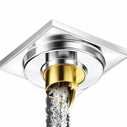 Xportix Square Floor Drain with Backflow Preventer, 4x4 inch, 304 Stainless Steel, for Kitchen Bathroom Balcony Backyard, Silver Chrome with Brass Core 007