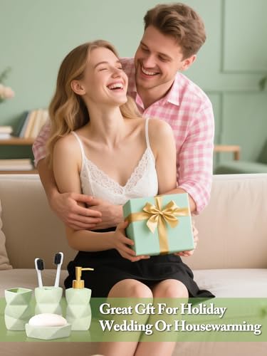 Ceramic Bathroom Accessories Set, 4-Piece Green Bathroom Set Complete with Soap Dispenser Set, Toothbrush Holder, Tumbler & Soap Dish – Bathroom Sets Accessories for Home, Apartment, Idea - color: Green