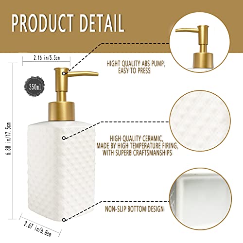 Chic Unique White Soap Dispenser for Bathroom with Golden Pump,Lotion Dispenser, Refillable Countertop Ceramic Hand Dispenser,Dish Dispenser for Kitchen 350ml(White Square Bottle) - color: White Square Bottle