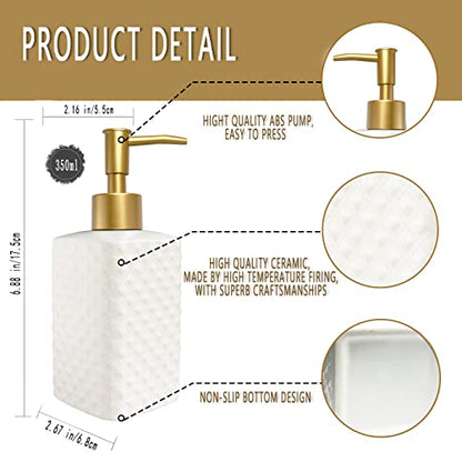 Chic Unique White Soap Dispenser for Bathroom with Golden Pump,Lotion Dispenser, Refillable Countertop Ceramic Hand Dispenser,Dish Dispenser for Kitchen 350ml(White Square Bottle) - color: White Square Bottle