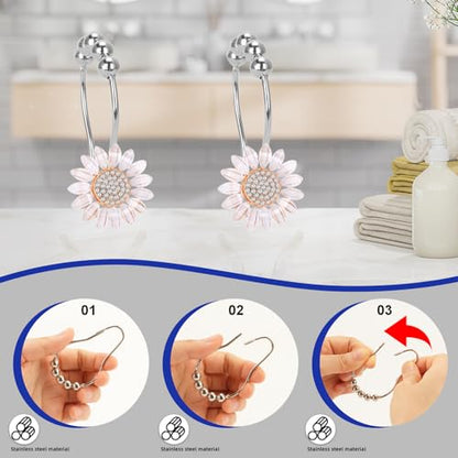 Decorative Sunflower Shower Curtain Hooks,Set of 12,Crystal Rhinestone Center,White Petals,Roller Ball,Stainless Steel,Flower Decor,Rustproof,Shower Rings,Easy Install,for Bathroom Decor
