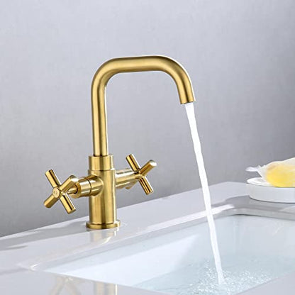 Modern Brushed Gold Bathroom Sink Faucet, 4 Inch Single Hole or 3 Hole Centerset, 2-Handle Cross Handle, 360-Degree Swivel Spout, 1.2 GPM Soft Water Flow, Pop Up Drain - color: Brushed Gold