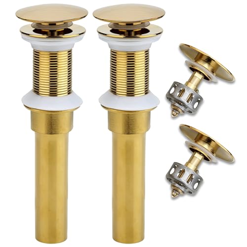Rockgoya Bathroom Sink Drain, 2 Pack Gold Drain Stopper Bathroom Sink Without Overflow, Pop Up Drain Assembly with Detachable Strainer Basket, Built-in Anti-Clogging Strainer,Stainless Steel - color: Gold-2 Pack, style: Without Overflow