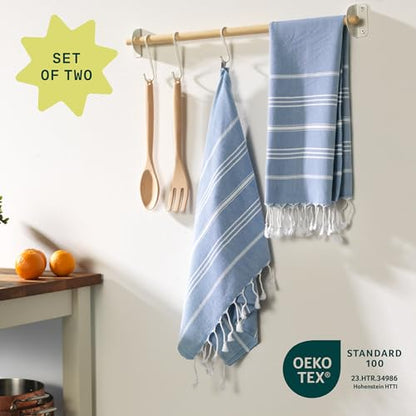 WETCAT Turkish Hand Towels with Hanging Loop, Set of 2 (20" x 30") 100% Turkish Cotton, Pre-Washed, Quick Drying, for Kitchen or Bathroom - Denim Blue - color: Denim Blue