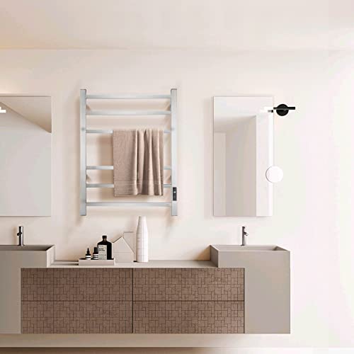 Electric Towel Warmer - Wall Mounted Bathroom Heated Towel Rack, Plug-in Design & Brushed Stainless Steel Finish (Square Brushed with Timer ETW13CS, 6 Bar)
