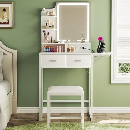 ALEXNUTRE Makeup Vanity Desk with Mirror and Lights, Small Vanity with Fabric Storage Drawer & Chair & Shelves, White Vanity with Fold-up Panel and Power Outlet for Bedroom - style: Cream White
