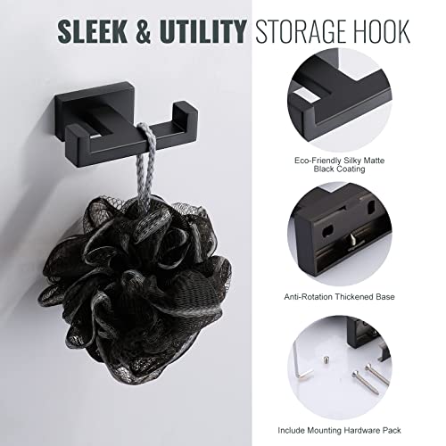 Double Bathroom Towel Hook for Wall Mounted - Matte Black Modern Towel Holder - Heavy Duty Coat Robe Hooks for Wall - Stainless Steel Shower Towel Hanger - color: Matte Black