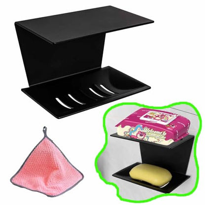 1 Self-Adhesive Multifunctional Draining Soap Dish (Soap Holder) with Shelf Used in Shower,Bathroom,Kitchen,Bath and Toilet.Installing Without Drilling Hole (1, General Black, A Szie)