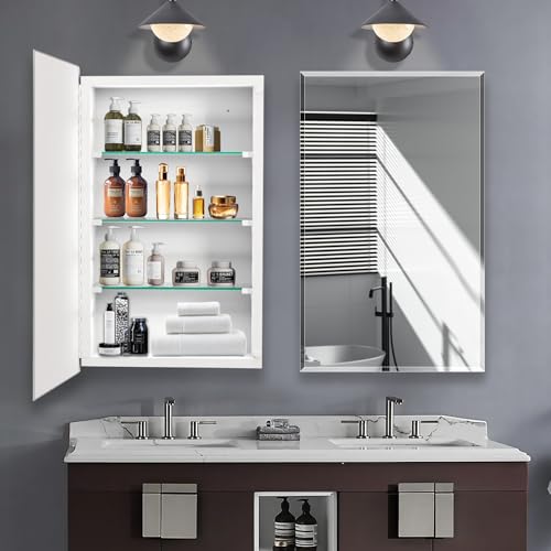 Bathroom Medicine Cabinet with 16x20 in Rectangular Beveled Frameless Mirror,Wall Mounted Mirror Cabinet for Bathroom Toilet Kitchen,Recess or Surface Mount - size: FMG-CM7005-1620