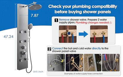 ROVOGO Shower Panel Tower System With Adjustable Shower Head, Brushed | 6 Body Jets, Self-Cleaning Rain Shower and Handheld, Brass Shower Arm and Valves, Stainless Steel Shower Column, 47-1/4 Inch - color: Brushed Panel+Chrome Fixtures