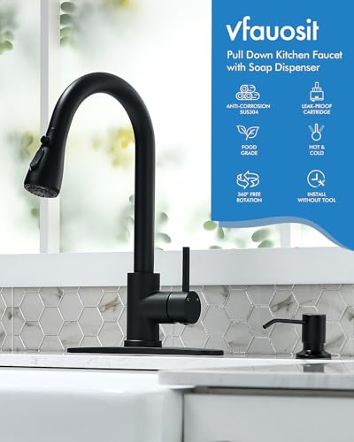 VFAUOSIT Kitchen Faucet with Pull Down Sprayer, Black, with Soap Dispenser | Deck Plate for 1–4-Hole Sinks, 3 Spray Modes, 20-Inch Hose, 360° Swivel, cUPC/CEC Certified, 15-Minute Install - color: Matte Black-05