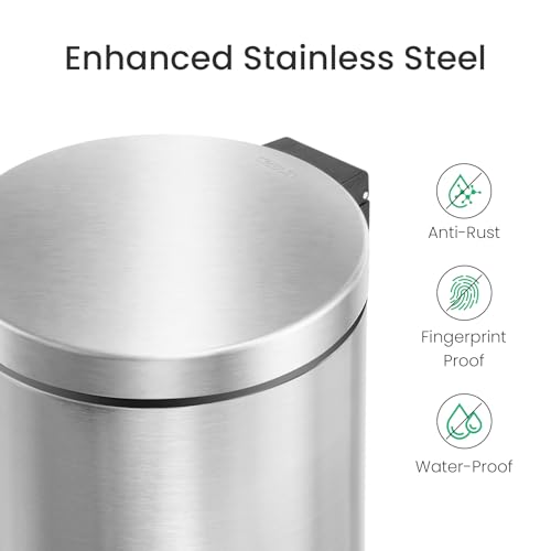 Cesun Small Round Bathroom Trash Can with Lid Soft Close, 1.2 Gal, Silver | Removable Inner Bucket, Stainless Steel Garbage Can for Bedroom/Office, Hands-Free Step Pedal, Fingerprint-Resistant - color: Silver