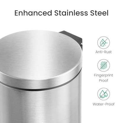 Cesun Small Round Bathroom Trash Can with Lid Soft Close, 1.2 Gal, Silver | Removable Inner Bucket, Stainless Steel Garbage Can for Bedroom/Office, Hands-Free Step Pedal, Fingerprint-Resistant - color: Silver