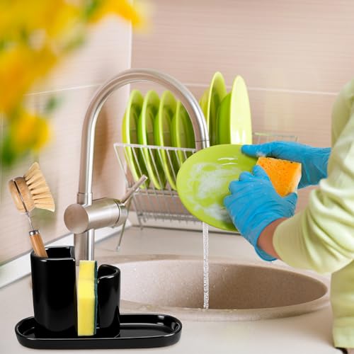 3 in 1 Ceramic Kitchen Sink Caddy Dish Sponge Holder Scrub Brush Holder and Soap Tray for Kitchen Organizer Rustic Farmhouse Supplies(Black) - color: Black