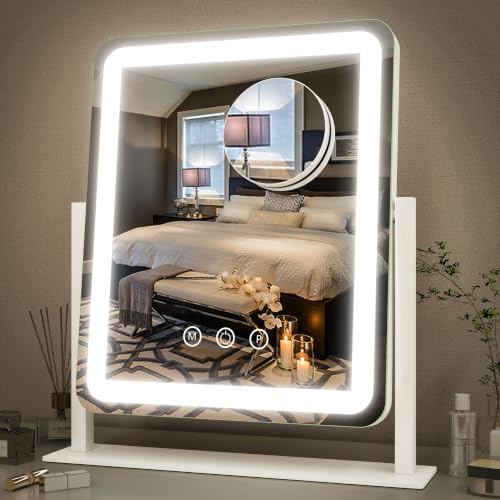 FENNIO Vanity Mirror with Lights - 15"x12.6" LED Lighted Makeup Mirror, Large Makeup Mirror with Lights, Touch Screen with 3-Color Lighting, Dimmable, for Vanity Desk Tabletop, Bedroom - color: White, size: 15"L x 12.6"W