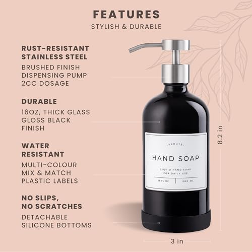 Hand and Dish Soap Dispenser for Kitchen and Bathroom, Set of 2 16 Oz Glass Bottles, Stainless Steel Pumps, Non-Slip Silicone Base, 27 Waterproof Labels (Gloss Black Bottle/Brushed Silver Pump) - color: Gloss Black Bottle / Brushed Silver Pump