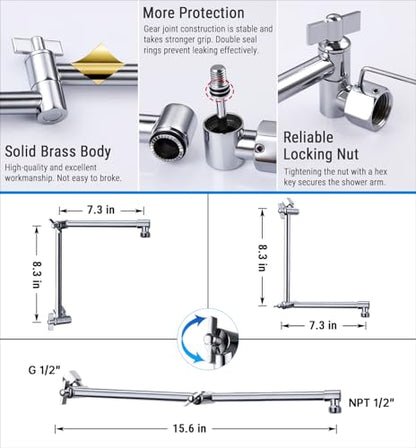 G-Promise 16 Inch Shower Extender with 6 Inch Shower Arm and Flange(Chrome) | Solid Brass Construction, Height and Angle Adjustable, Standard Connection Thread, All Installation Tools Included - color: Chrome, style: 16 Inch