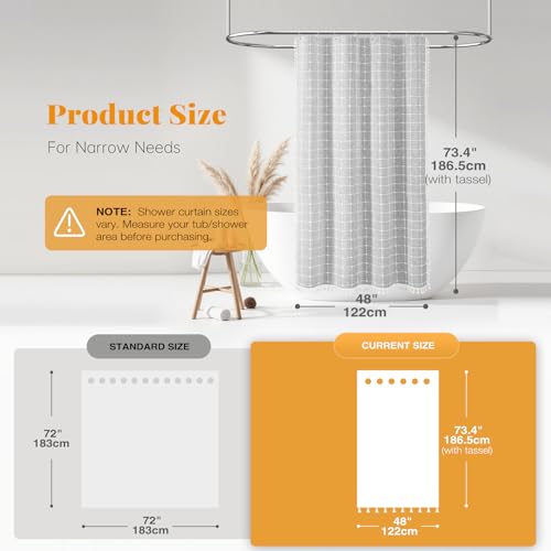 48x72 Boho Farmhouse Linen Heavy Duty Shower Curtain Set, Gray/Grey | Stall Size, 330GSM Linen Blend, 3-side Tassels, Water Repellent Fabric, 8 Plastic Hooks, Rustic Bohemian, Machine Washable - color: Grey, size: 48"W x 72"L (Pack of 1)