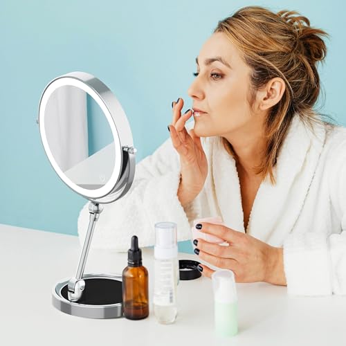 Tabletop Makeup Mirror with Built-in Vanity Tray, 9" Rechargeable 4000mAh Lighted Vanity Mirror 1X/10X Magnification, Height-Adjustable Arm, 3 Color Dimmable (9Inch Chrome) - color: 9inch Chrome