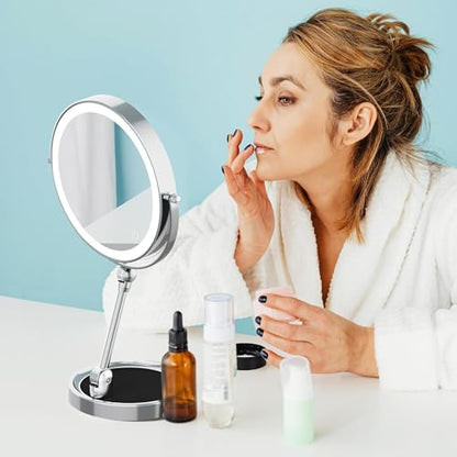 Tabletop Makeup Mirror with Built-in Vanity Tray, 9" Rechargeable 4000mAh Lighted Vanity Mirror 1X/10X Magnification, Height-Adjustable Arm, 3 Color Dimmable (9Inch Chrome) - color: 9inch Chrome