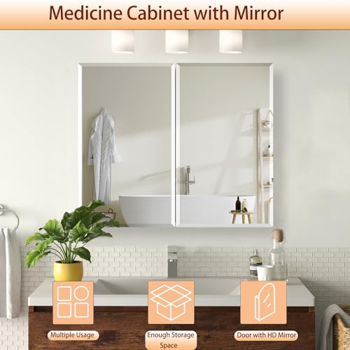 Medicine Cabinet with Mirror, 32x26 Inch Bathroom Mirrored Cabinet with Double Doors, Extra Storage Space, Bevel Mirror Wall Cabinet, Recessed or Surface Mount - style: CS5004A-3226