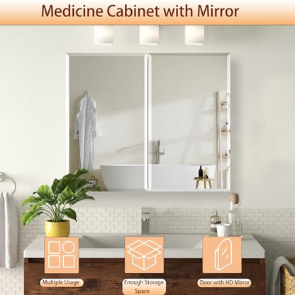 Medicine Cabinet with Mirror, 32x26 Inch Bathroom Mirrored Cabinet with Double Doors, Extra Storage Space, Bevel Mirror Wall Cabinet, Recessed or Surface Mount - style: CS5004A-3226