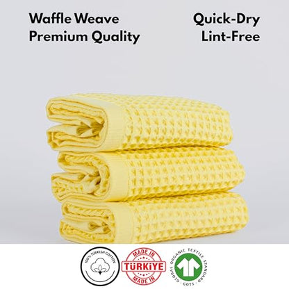 PÜSKÜL Natural 100% Turkish Cotton Waffle Kitchen Towels Set of 3 | Oeko-Tex, Premium Waffle Hand Towels for Bathroom | Soft Absorbent Quick-Dry Lint-Free Dish Towel Large 32x16 inch (3, Light Yellow) - color: Light Yellow