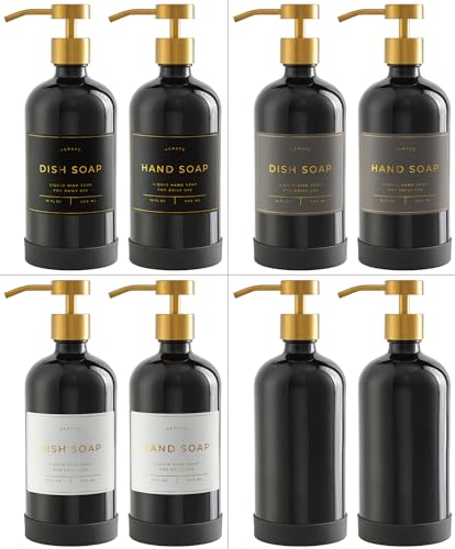 Hand and Dish Soap Dispenser for Kitchen and Bathroom, Set of 2 16 Oz Glass Bottles, Stainless Steel Pumps, Non-Slip Silicone Base, 27 Waterproof Labels (Gloss Black Bottle/Brushed Gold Pump) - color: Gloss Black Bottle / Brushed Gold Pump