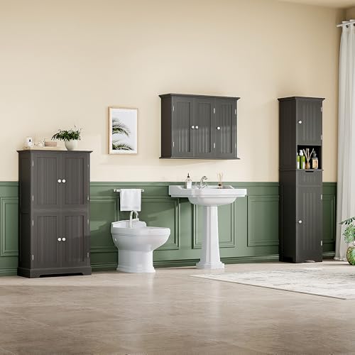 ChooChoo Laundry Cabinet with 3 Doors and Adjustable Shelves | 9.06"D x 31.1"W x 24"H, Bathroom Wall Cabinet, Cupboard, Black - color: Black, size: 9.06"D x 31.1"W x 23.4"H