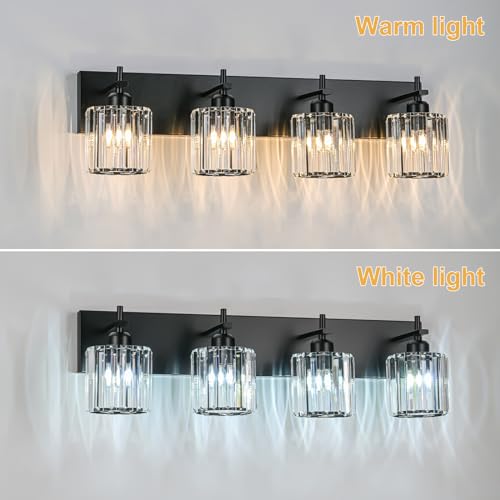 Black Crystal Bathroom Vanity Lights, Modern 4-Lights Bathroom Lighting Fixtures Over Mirror, Crystal Wall Lighting with Round Shade - color: Black-Round Shade, size: 4-Light