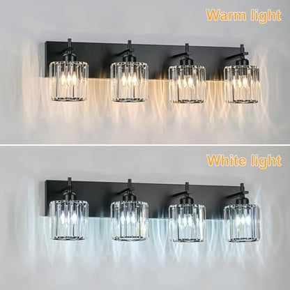 Black Crystal Bathroom Vanity Lights, Modern 4-Lights Bathroom Lighting Fixtures Over Mirror, Crystal Wall Lighting with Round Shade - color: Black-Round Shade, size: 4-Light