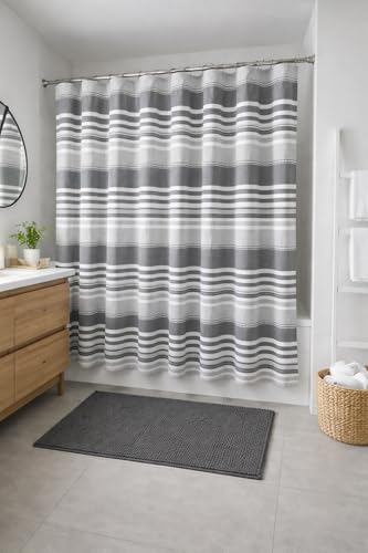 Charcoal Gray and White Fabric Shower Curtain, Cotton Blend Textured Striped Design, 72 x 72 Shower Curtain, Modern Aesthetic Bathroom Decor, Oasis Grey - color: Oasis Grey