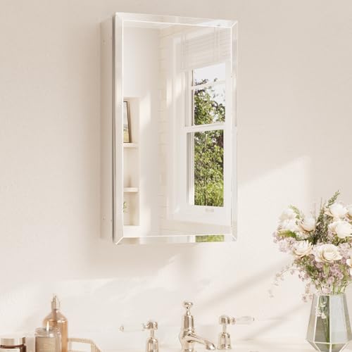 TETOTE 14 x 24 Medicine Cabinet with Tempered Beveled Mirror Silver Aluminum Cabinet DTC Hinges, Stepless Adjustable Shelves, Recessed/Surface-Mounted - color: Silver, size: 24"L x 14"W