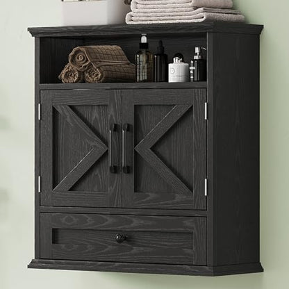 Bathroom Wall Cabinet, Wall Mounted Medicine Cabinet 24.4"H x 23.6"W x 9"D | With Drawer, Barn Doors & Adjustable Shelf, Black Over Toilet Farmhouse Storage Cabinet for Kitchen, Laundry Room, Entryway - color: Black
