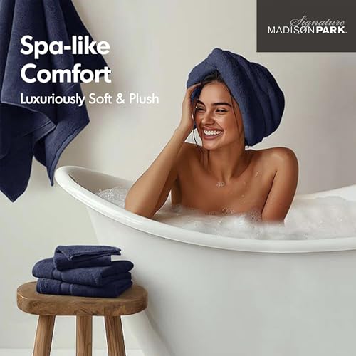 Madison Park 800GSM 100% Cotton Bathroom Bath Towel Set of 8, Dark Navy | Long Staple, Highly Absorbent, Durable Hotel Spa Quality, Quick Dry, Double Stitched Hems, Lint Reducing, OEKO-TEX Certified - color: Dark Navy, size: Multi-Sizes