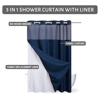 No Hook Waffle Weave Shower Curtain with Snap in Fabric Liner Set,Heavy Duty Textured Bathroom Curtain with See Through Window,Waterproof & Machine Washable,Navy Blue,Stall 36x72 Inch - color: Navy, size: 36"W x 72"L (Pack of 1)
