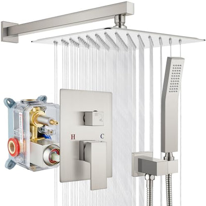 gotonovo Rainfall Bathroom Shower System Rain Shower Head and Handle Set Wall Mounted Shower Complete Combo Solid Brass Pressure Balancing Shower Mixer Valve 10 Inch Brushed Nickel - color: Brushed Nickel, size: 10 Inch