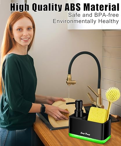 Dish Soap Dispenser with Sponge Holder, 2-in-1 Countertop Small Soap Dispenser for Kitchen and Bathroom, Multi-Scene for Dish Soap, Hand Soap, Lotion, Body Wash (Black) - color: Black