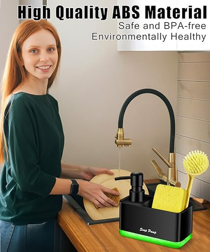 Dish Soap Dispenser with Sponge Holder, 2-in-1 Countertop Small Soap Dispenser for Kitchen and Bathroom, Multi-Scene for Dish Soap, Hand Soap, Lotion, Body Wash (Black) - color: Black