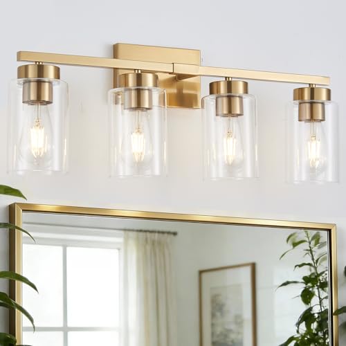 4-Light Bathroom Light Fixtures, Gold Modern Vanity Lights Over Mirror, Bathroom Wall Sconces with Clear Glass Shade for Living Room Bedroom Hallway Cabinet Porch - color: Gold