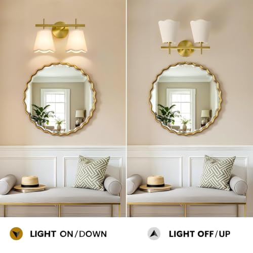 Modern Bathroom Vanity Light, 2-Light Brushed Gold Bathroom Light Fixtures with Scalloped Linen Fabric Shade, Vanity Lighting Fixtures Over Mirror (Exclude Bulb) - color: Gold, size: 2 Light