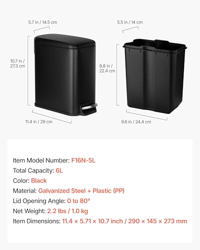 VEVOR Slim Bathroom Trash Can, 11.4 x 5.71 x 10.7 Inch Small Bedroom Trashcan with Step Pedal & Soft Close Lid, 6L Steel Garbage Can with Detachable Inner Bin, for Kitchen, Home, Dorm, Office, Black