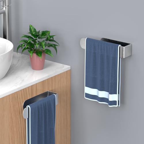 HUFEEOH 2 Pack Adhesive Hand Towel Holder, Sticky Towel Bar Towel Holder Wall Mounted, Stainless Steel Kitchen Towel Holder Hand Towel Rack for Bahtroom Hotel RV Kitchen (Silver) - color: Silver, size: 8 Inch (2PC)