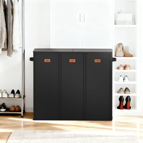 185L Laundry Hamper 3 Section with Lid, Black Dirty Clothes Hamper with 3 Removable Laundry Bags, Large Laundry Basket for Bedroom, Laundry Room, Dorm - color: Black