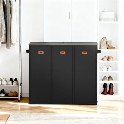 185L Laundry Hamper 3 Section with Lid, Black Dirty Clothes Hamper with 3 Removable Laundry Bags, Large Laundry Basket for Bedroom, Laundry Room, Dorm - color: Black
