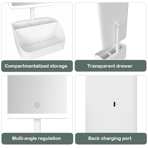 Rechargeable Makeup Mirror Organizer with LED Lights & 20X Magnification, Large Capacity Cosmetic Display Case for Skincare & Makeup Brushes, Countertop Vanity Organizer for Bedroom, Bathroom (Cream)