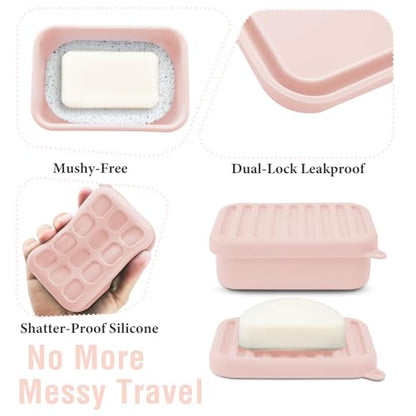 Silicone Travel Soap Case with Lid & Drain Tray, Leakproof, for Travel | Food-grade silicone, Leakproof seal, Built-in hook, Removable drain pad doubles as soap holder, For gym, travel, camping - color: Pink