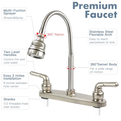 RV Kitchen Faucet,Camper Faucet Kitchen Replacement RV Sink Faucets,8 inch | w/ Flexible Arch 360 Swivel Rotatable Sprayer for Campers,Travel Trailers,Motorhomes,8 in 2 Hole,Non-Metallic,Brushed Nickel - color: Brushed Nickel