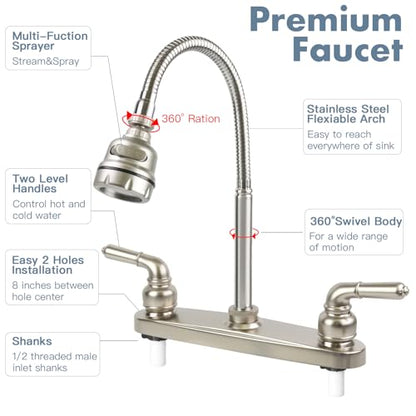 RV Kitchen Faucet,Camper Faucet Kitchen Replacement RV Sink Faucets,8 inch | w/ Flexible Arch 360 Swivel Rotatable Sprayer for Campers,Travel Trailers,Motorhomes,8 in 2 Hole,Non-Metallic,Brushed Nickel - color: Brushed Nickel