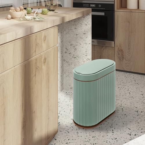 ELPHECO Bathroom Trash Can with Automatic Lid, 2 Gallon, Sage Green Gold | Motion Sensor Wastebasket, Smart Garbage Can, IPX5 Waterproof Slim Trash Bin for Office, Kitchen and Bathroom - color: Green Brown